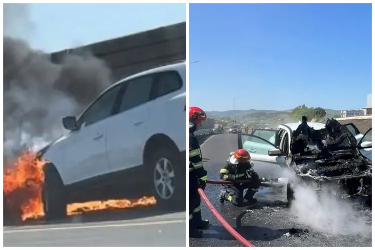 VIDEO Imagini tulburătoare cu mașina care a luat foc astăzi la Tureni. Care a fost cauza pentru care mașina s-a aprins în mers