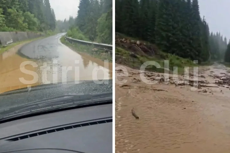 Atenție, șoferi! Ploile au făcut ravagii în Cluj! Un drum important s-a transformat într-un râu. VIDEO 