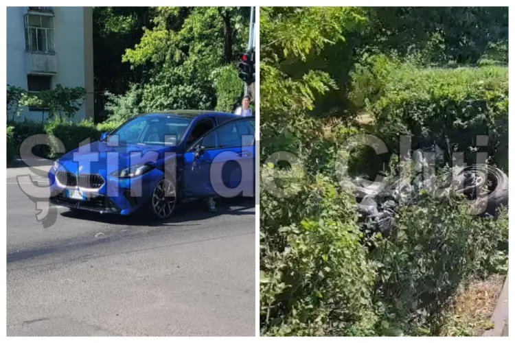 Accident în cartierul Gheorgheni din Cluj: Un motociclist a fost lovit de un BMW. Motocicleta a fost proiectată în gardul verde de lângă drum VIDEO