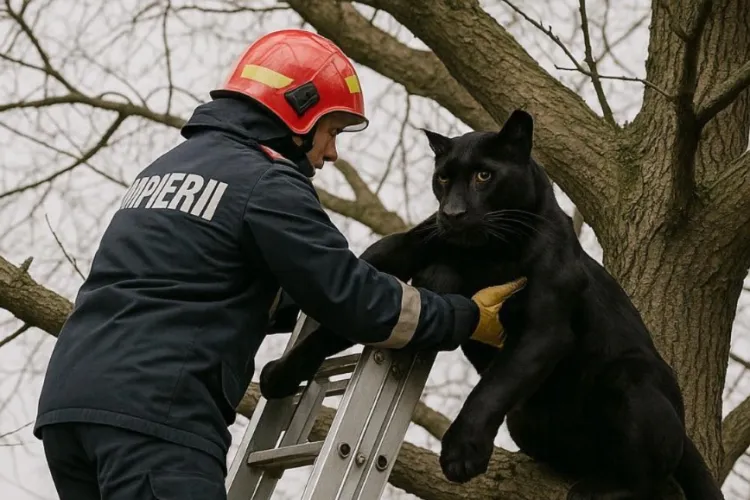 Pantera neagră, salvată de pompier după ce a rămas blocată într-un copac. „E sigură treaba asta?” FOTO