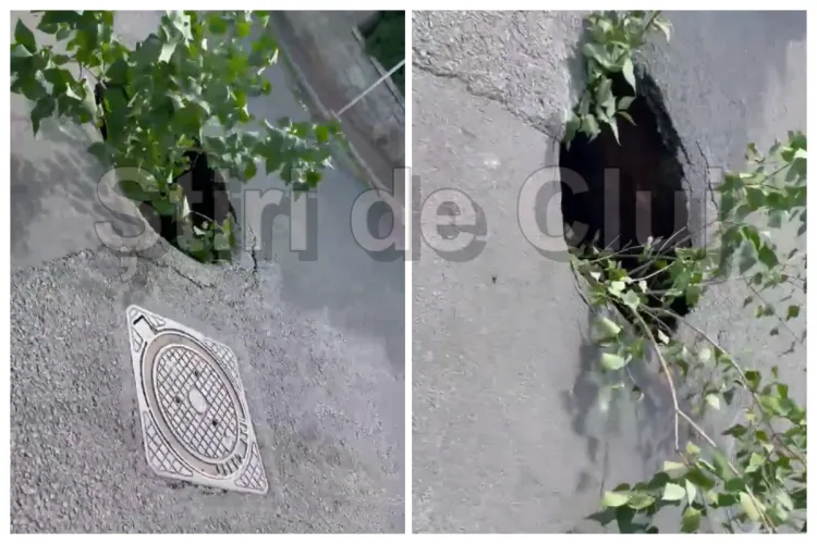 VIDEO Pericol iminent pe o stradă din Cluj-Napoca! Betonul a cedat, iar „capcana” uriașă e semnalizată de „cinci stele” cu... o creangă de copac!