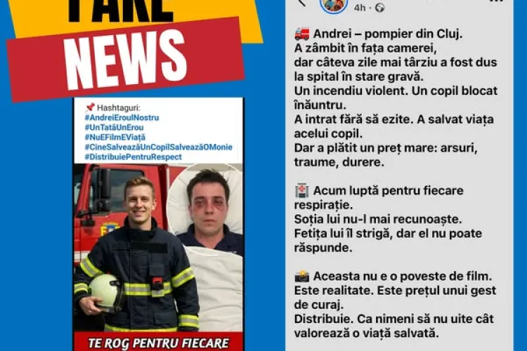 FAKE NEWS cu un pompier clujean aflat în stare gravă! Nu distribuiți postarea, nu este adevărat. Ce spun autoritățile