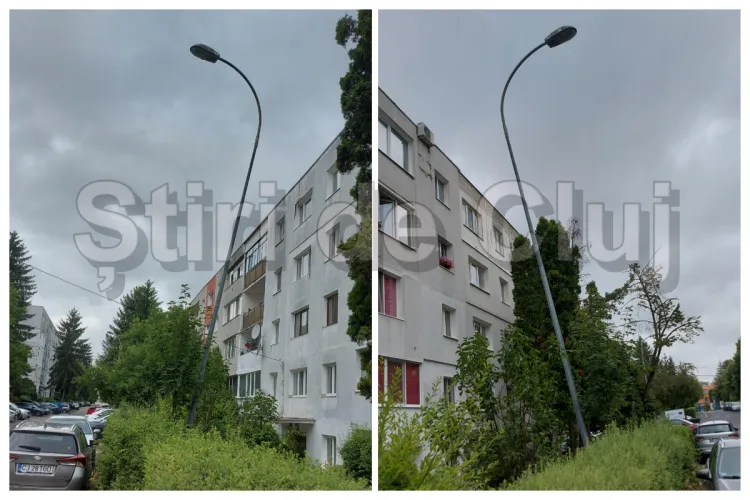 Un stâlp de iluminat din Cluj e la un pas să cadă! Locuitorii au sesizat autoritățile de 2 săptămâni, dar nimeni nu intervine. Se așteaptă o tragedie? FOTO