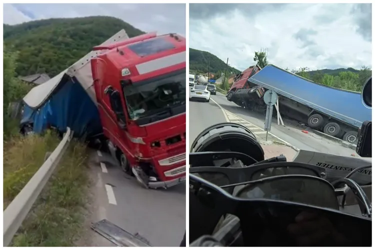 VIDEO Imagini de la accidentul de azi din Ciucea, în care un TIR a doborât doi stâlpi, s-a răsturnat și a blocat traficul pe ruta Cluj–Oradea