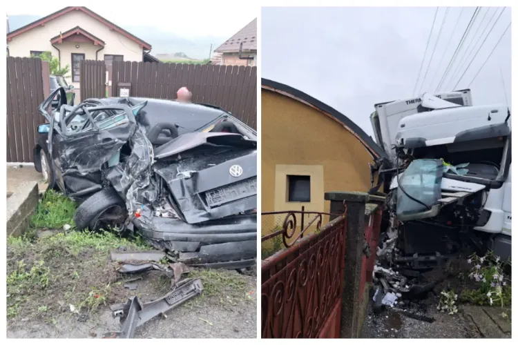 Accident pe drumul național între Cluj-Napoca și Gherla, la Fundătura. Un tir a intrat într-o mașină parcată și s-a oprit într-o casă FOTO