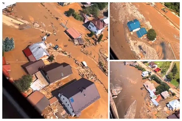 VIDEO Imagini cutremurătoare filmate din elicopter dezvăluie dezastrul provocat de inundații: Totul e sub ape! 5 elicoptere survolează să caute sinistrații
