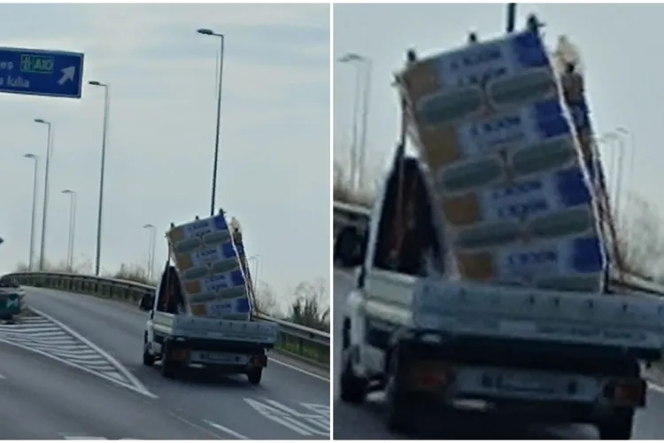 Pericol pe autostradă în Cluj. Un transportator a construit „turnul din Pisa” pe remorcă, ceilalți șoferi s-au crucit