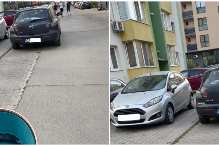 Trotuar transformat în parcare la Cluj: O mamă cu căruciorul, nevoită să meargă pe stradă după ce o mașină a blocat complet trecerea FOTO