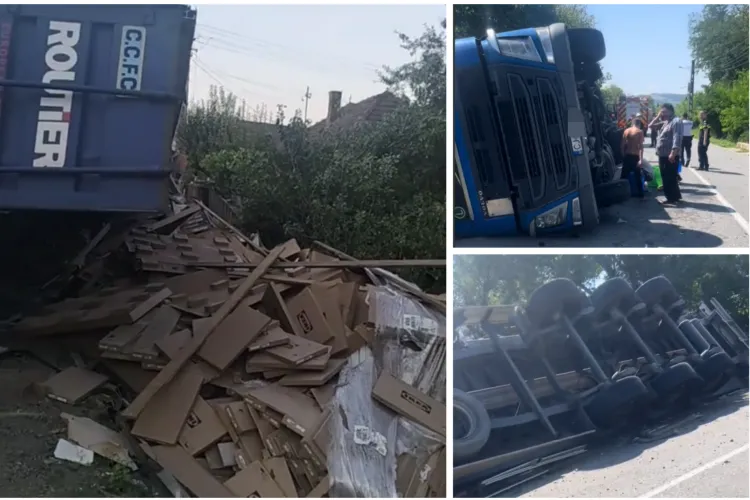 Șofer din Cluj s-a răsturnat dramatic cu TIR-ul într-un șanț. Praful s-a ales și de TIR și de marfa din el. VIDEO