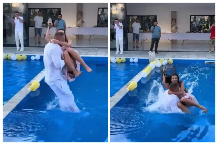 VIDEO. Momentul în care Georgiana Lobonț este aruncată în piscină la un concert de un fan „înfocat”. Artista din Cluj a „salvat” miraculos microfonul