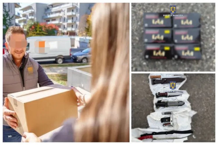 O clujeancă a primit din Spania, prin curier, un colet cu... mulțime de arme albe și muniție letală. Polițiștii au prins-o după ridicarea coletului FOTO