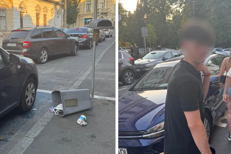 VIDEO Incident revoltător în Cluj-Napoca: Tânăr surprins în timp ce lovește o mașină cu un coș de gunoi: „Se crede ceva pui de șmecher”