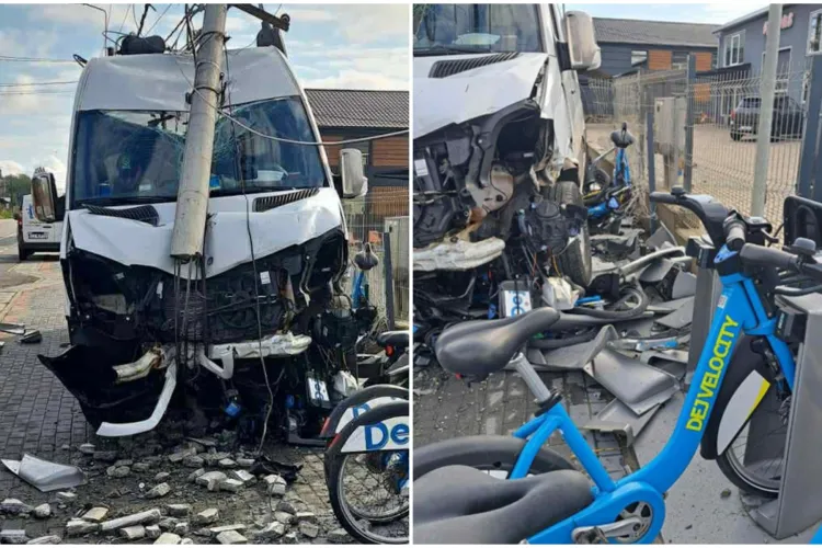 Cum a reușit șoferul de microbuz din Cluj să demoleze o stație de biciclete și un stâlp. Exemplu de AȘA NU! Avertisment pentru toți șoferii