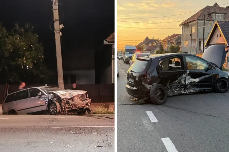 VIDEO. Lanț de accidente dimineața asta la Cluj: Mașină parcată pe marginea drumului a fost proiectată în șant, după un impact violent cu un alt autoturism