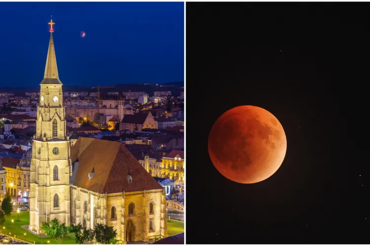 FOTO. Imagini spectaculoase cu Luna Sângerie deasupra Clujului. „Soarele a devenit negru ca pânza unui sac din păr și luna a devenit roșie ca sângele”