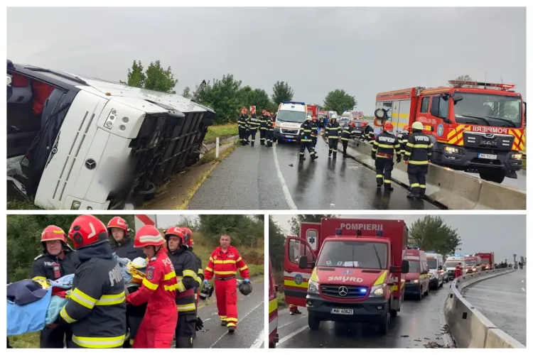 VIDEO. Filmul accidentului de la Dumbrava, Cluj: Autocar răsturnat în câmp, 1 mort, 9 răniți, resuscitări, zeci de echipaje medicale, elicoptere