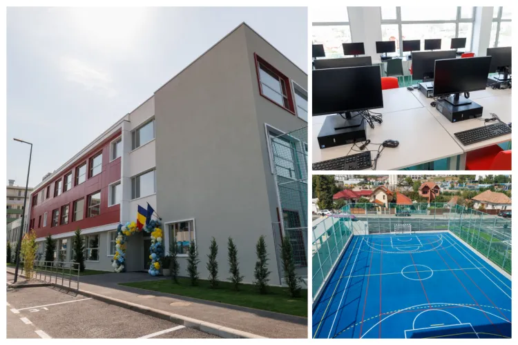 Cum arată prima școală din România construită de un investitor privat și predată astăzi gratuit Primăriei Cluj-Napoca: Boc a testat deja sala de sport FOTO