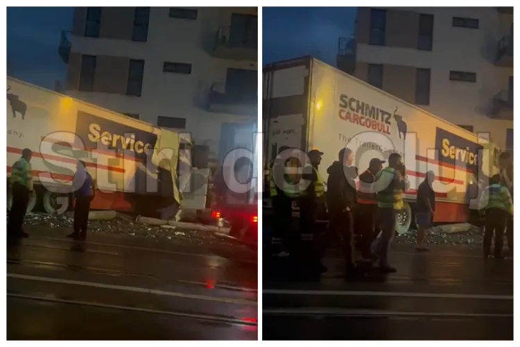 VIDEO. Accident grav în Cluj, pe strada Oașului. Un șofer a intrat cu TIR-ul într-un bloc, după ce a pierdut controlul volanului: „Așa ceva n-am mai văzut”