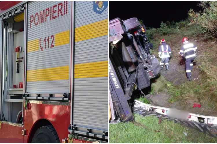 Accident pe Autostrada Transilvania A3. Un TIR s-a răsturnat în timpul nopții, pompierii au intervenit de urgență 