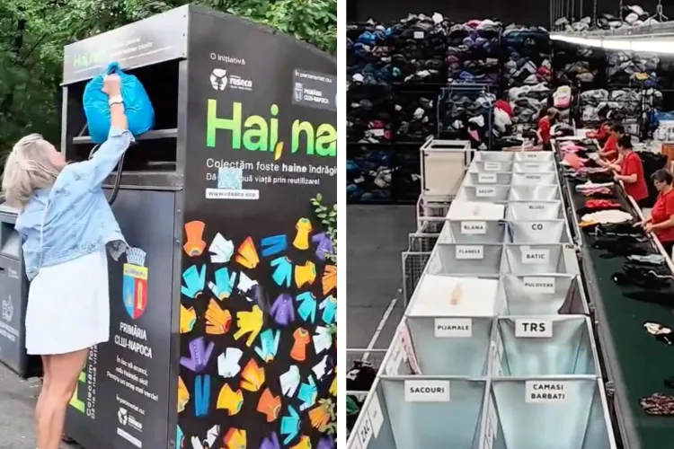 VIDEO. Record neașteptat la Cluj! Sute de tone de haine adunate din cartiere la containerele „Hai Na!”: Ce se întâmplă cu hainele după ce sunt colectate