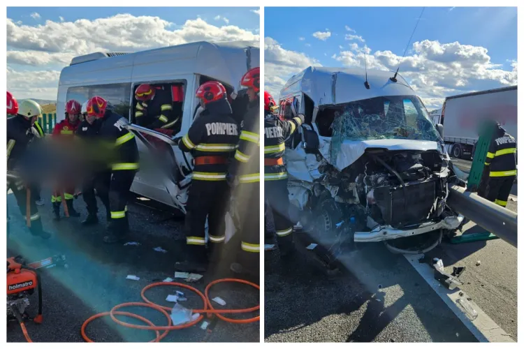 Accident pe Autostrada A10, pe sensul Alba Iulia-Turda! Un microbuz s-a izbit de un TIR. Două persoane, transportate de urgență la spital FOTO