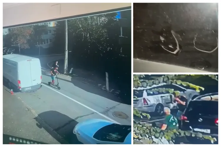 VIDEO | Un trotinetist din Cluj, filmat doborând un pieton și lovind o mașină parcată. Proprietarul îl caută pentru pagube – Imagini camere de supraveghere