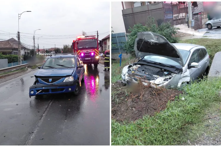 Două mașini au fost implicate într-un accident, în Cluj: Una dintre mașini a ieșit în decor, iar o femeie a fost rănită și dusă la spital FOTO