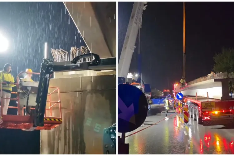 A fost montată ultima grindă la pasajul Centurii Metropolitane! Ploaia torențială nu i-a speriat pe muncitori - VIDEO