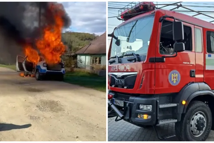 Autospecială de poliție, cuprinsă de flăcări în timpul unei misiuni! Echipajul a scăpat la limită
