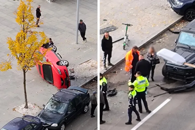 Accident șocant în Cluj-Napoca! Trei mașini avariate, una a fost aruncată pe trotuar: Polițiștii sunt la fața locului FOTO