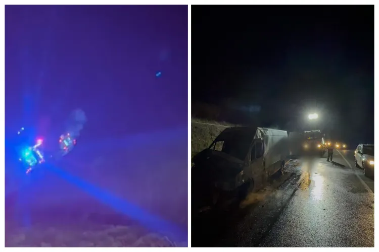 VIDEO. Dubă în flăcări pe centura Vâlcele-Apahida, Cluj. Pompierii intervin chiar acum. Focul a cuprins deja și cabina