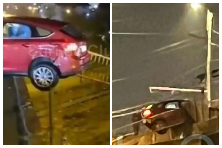VIDEO. Șoferul care era să cadă de pe podul IRA din Cluj și a rămas cu mașina suspendată la înălțime era băut. Acum e pieton. Imagini cu mașina în aer