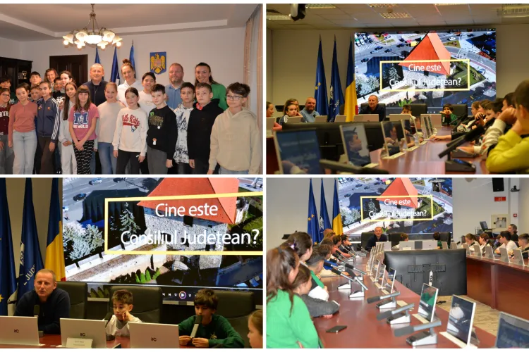 Micii clujeni, extrem de impresionați de vizita făcută la Consiliul Județean: Curioși din fire, și-au luat foarte în serios rolul „administrativ”