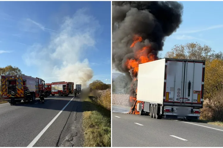 Un camion a luat foc la ieșirea din Huedin. Pompierii intervin cu mai multe autospeciale pentru a stinge incendiul