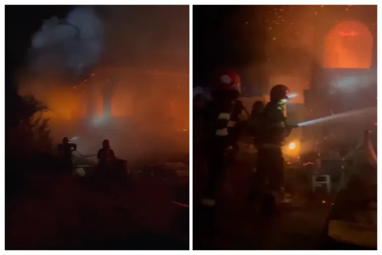 VIDEO: Incendiu de proporții la Cluj, în Chinteni. O casă de 300 mp a ars complet. Intervenția, extrem de grea din cauza materialelor combustibile