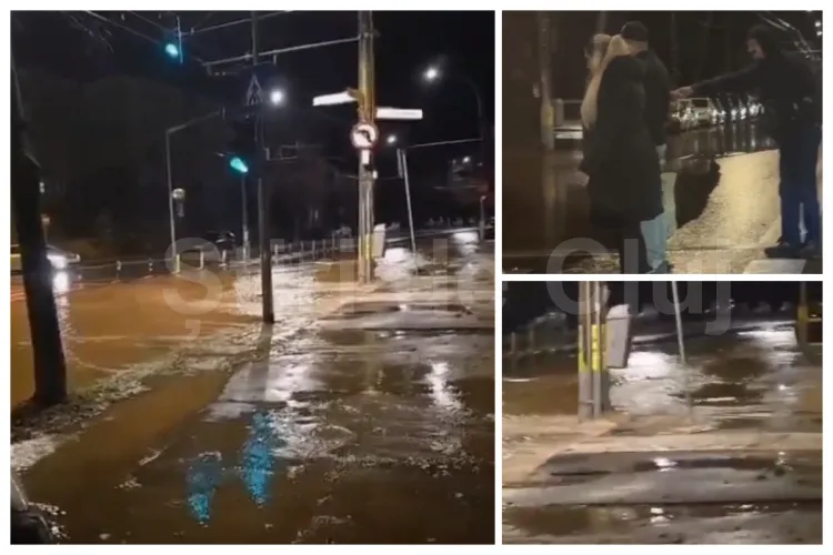 VIDEO. Bulevardul Titulescu, din Cluj, inundat în seara asta: „Apă peste tot. Asfaltul surpat. Au trecut 30 minute până au venit cei de la compania de apă”