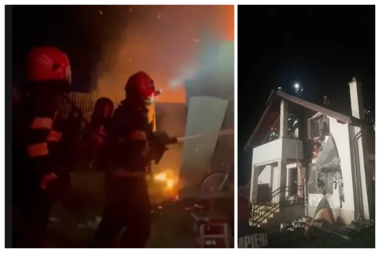 Incendiu puternic azi-noapte, în Chinteni, Cluj: O casă a fost distrusă de flăcări. Pompierii s-au chinuit până dimineață să stingă focul FOTO