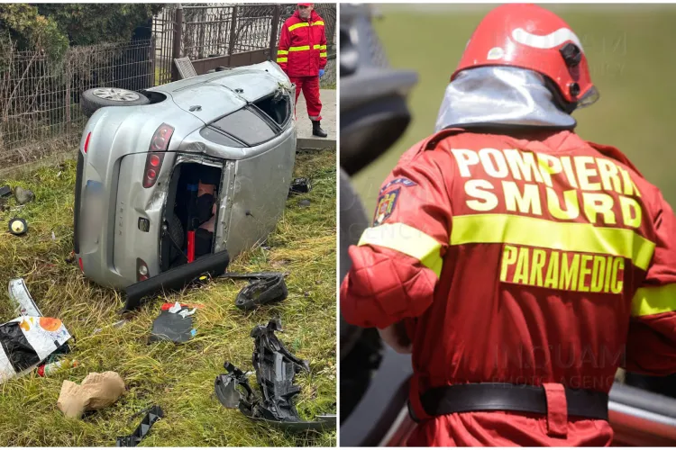 O mașină s-a răsturnat la ieșirea din comuna Poieni, județul Cluj. La volan se afla o femeie de 30 de ani