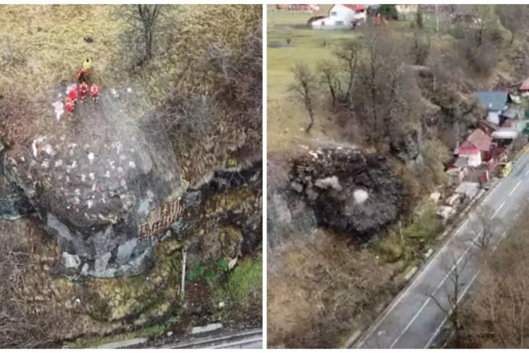 Intervenție de amploare! O stâncă uriașă, de peste 200 de tone, care se putea prăbuși peste un drum național, a fost detonată VIDEO 