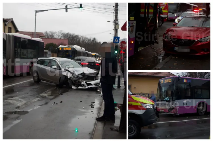 VIDEO. Accident în Cluj, în Grigorescu: Un autobuz și două mașini, implicate într-un impact violent. O fetiță, transportată de urgență la spital!