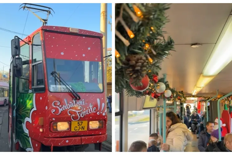Magia Crăciunului pe șine! Moș Crăciun circulă cu tramvaiul prin Cluj-Napoca VIDEO 