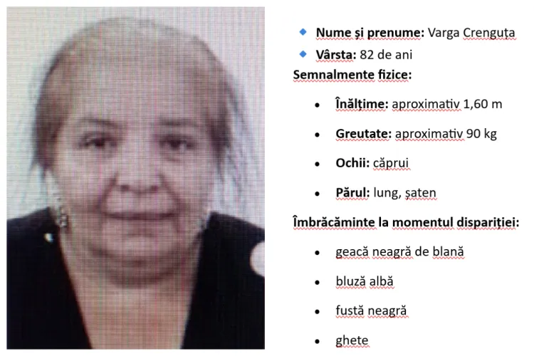O bunică de 82 de ani a dispărut în Cluj. De ieri de la prânz nu se mai știe nimic de ea. familia și polția vă cer sprijinul - FOTO
