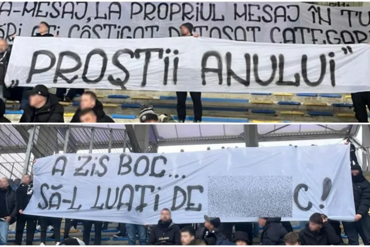 Peluza Șepcile Roșii, devastatoare în mesaje împotriva rivalilor de la Petrolul. Primarul din Cluj-Napoca a fost pomenit: „A zis Boc să-l luați de...”