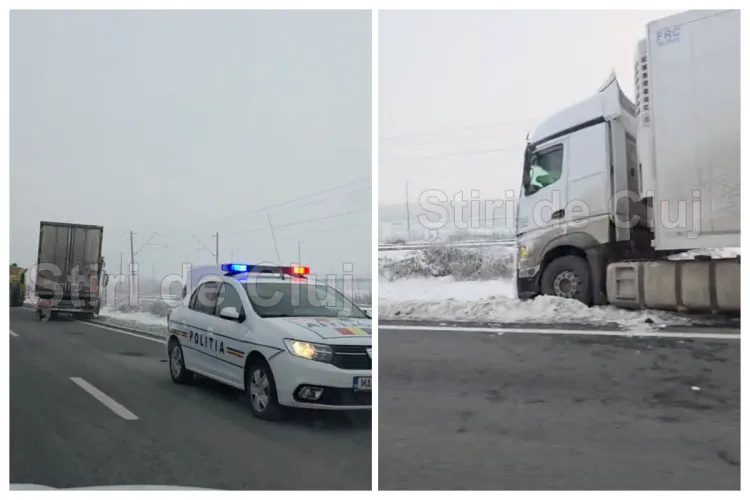 VIDEO. TIR ieșit în decor la ieșire din Jucu, Cluj. Traficul este afectat în zonă. Poliția a intervenit la fața locului