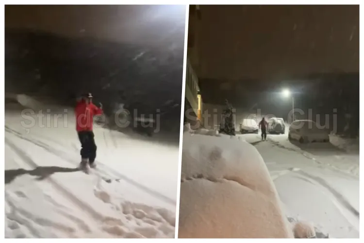 VIDEO. Un clujean și-a pus clăparii și schiurile în picioare și s-a dat cu ele pe stradă, ca pe pârtie: „Cluj, trăiască Mănăștur!”
