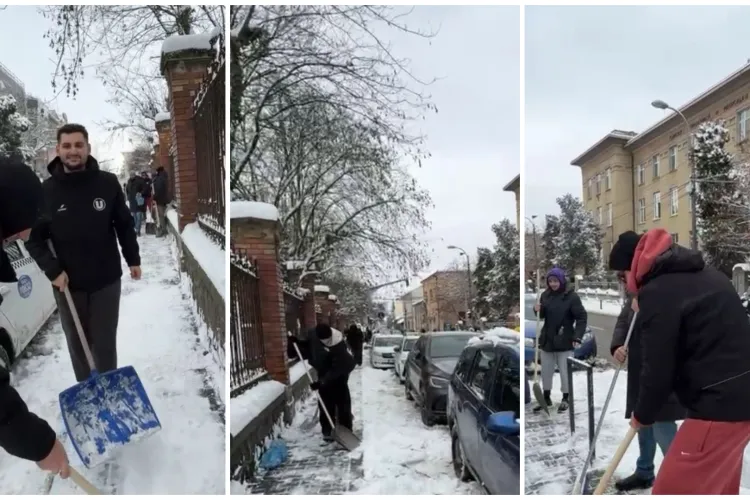 VIDEO Echipa de handbal U Cluj scoate lopata în locul mingii: Sportivii au dezăpezit trotuarele din zona spitalelor. „Este o mulțumire pentru clujeni”