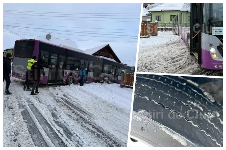 Un autobuz școlar, derapat și blocat în zăpadă la Luna de Sus, Cluj, când mergea după elevi: „Un părinte cu un 4x4 l-a scos de acolo”- FOTO