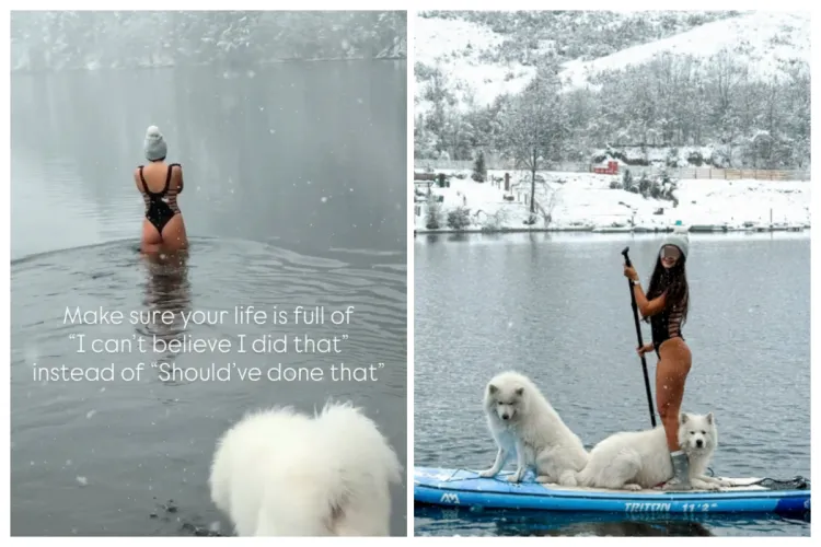 VIDEO. O tânără superbă a fost senzația zilei la Tarnița, după ce a făcut baie în apa înghețată. Distracția a continuat și cu paddling cu doi căței