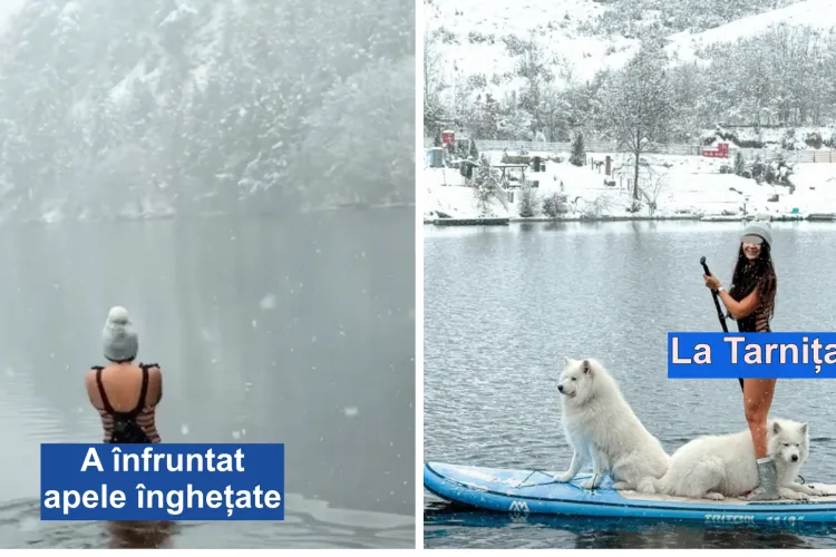 VIDEO. O tânără superbă a fost senzația zilei la Tarnița, după ce a făcut baie în apa înghețată. Distracția a continuat și cu paddling cu doi căței