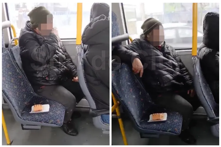 VIDEO. Greu cu civilizația la Cluj: Un bărbat a luat „prânzul” în troleibuzul 5 și a transformat un scaun în masă pentru mâncare